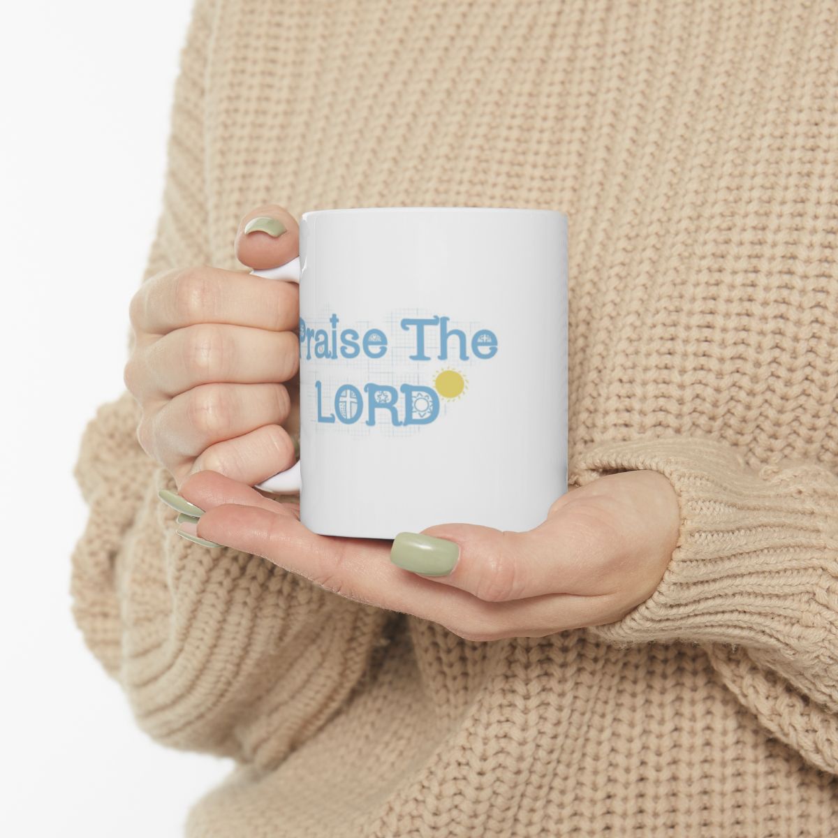 Praise The Lord ceramic mug held in hands