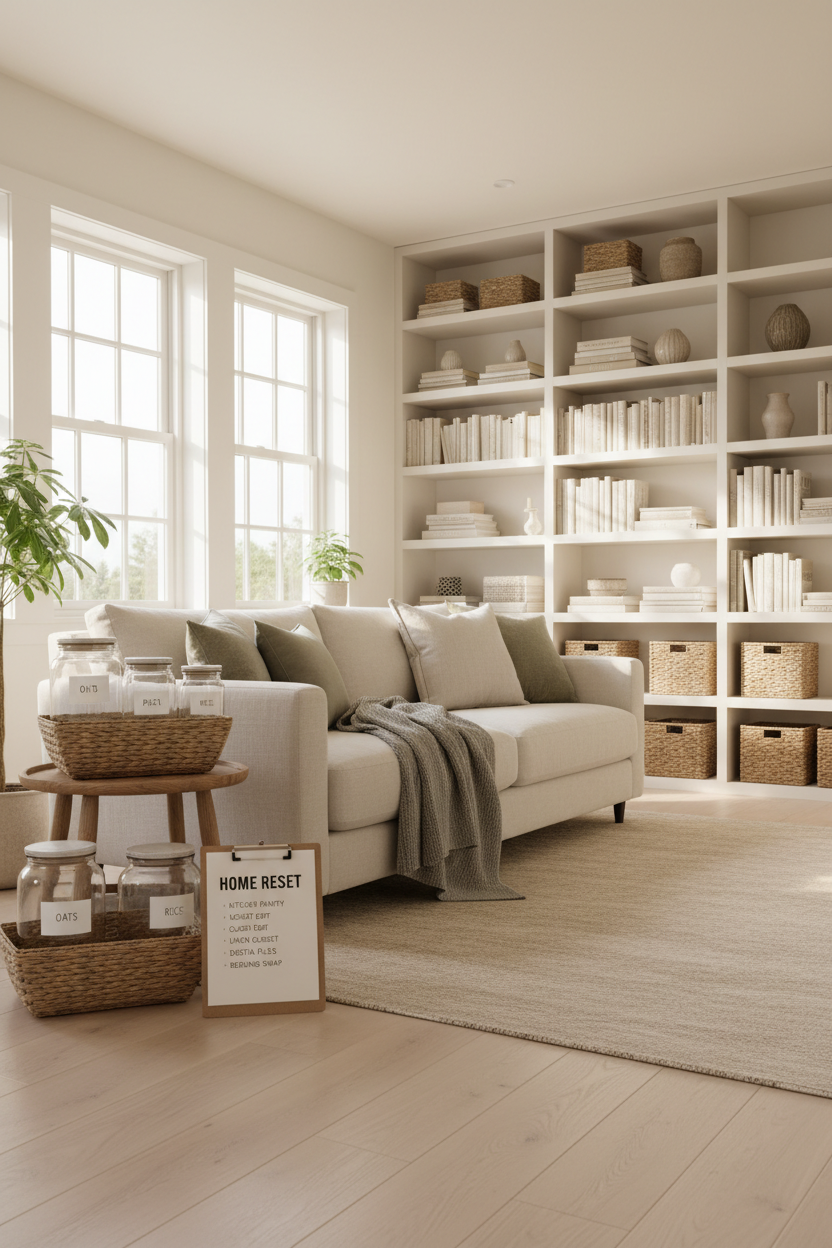 Bright organized living room with minimalist home organization checklist on a clipboard