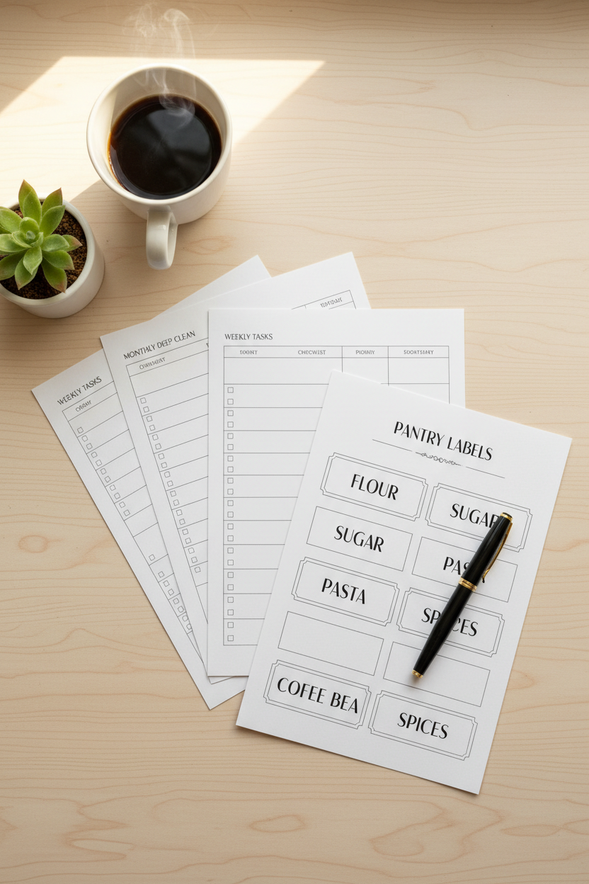 Printable home organization planner pages flat lay on a warm wooden desk with coffee and a plant